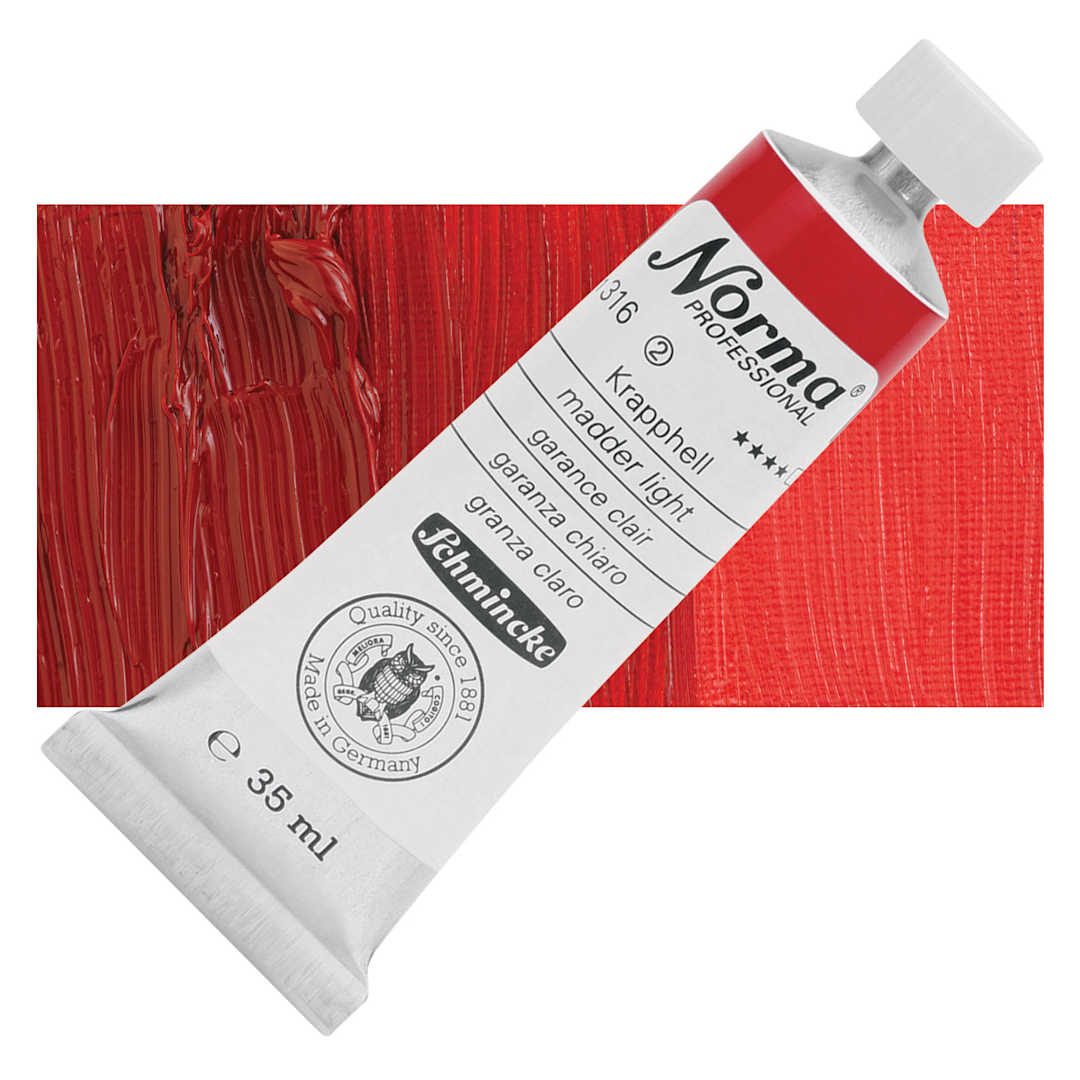 Open in modal - Schmincke Norma Professional Oil Paint - Madder Light, 35 ml, Tube and swatch