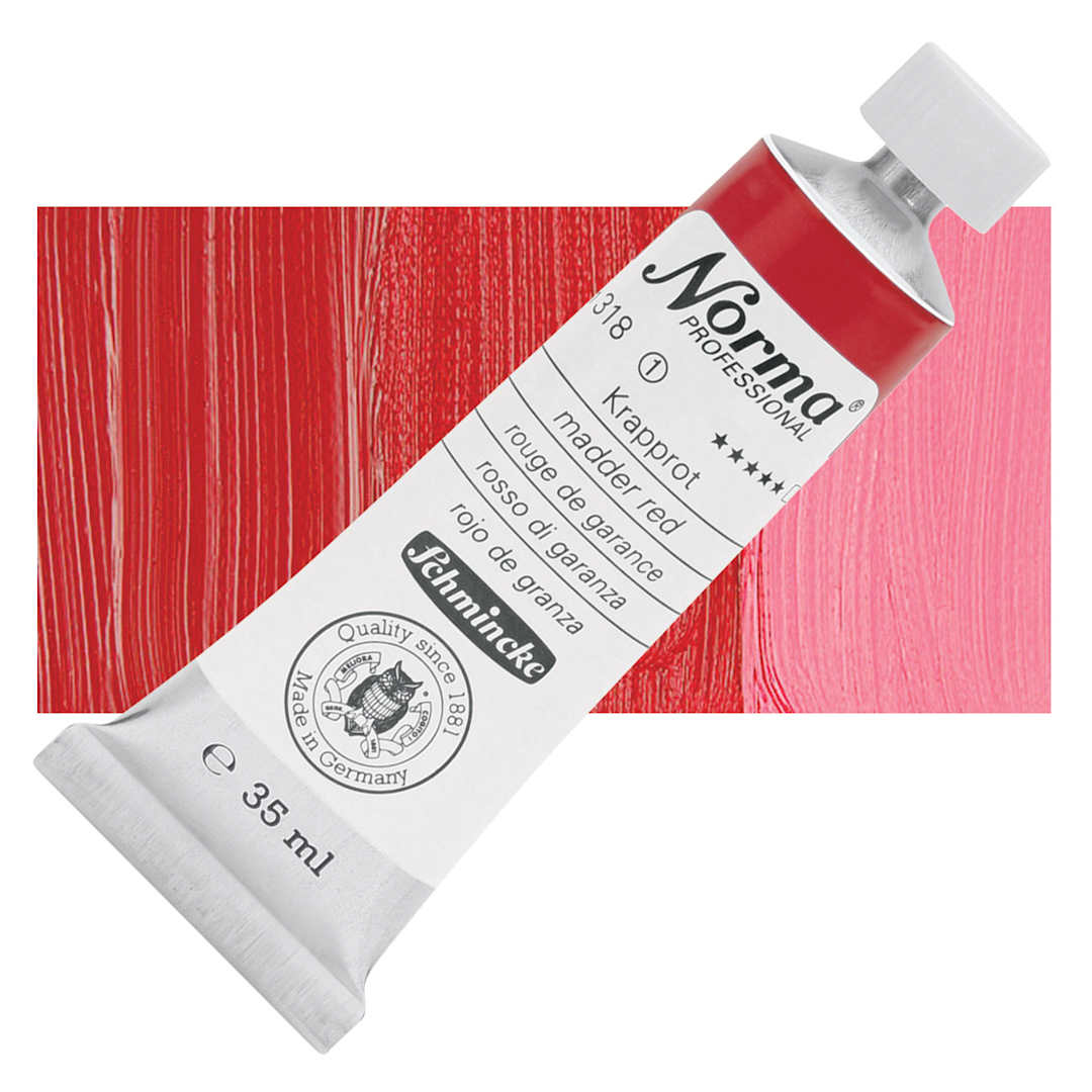 Open in modal - Schmincke Norma Professional Oil Paint - Madder Red, 35 ml, Tube and swatch