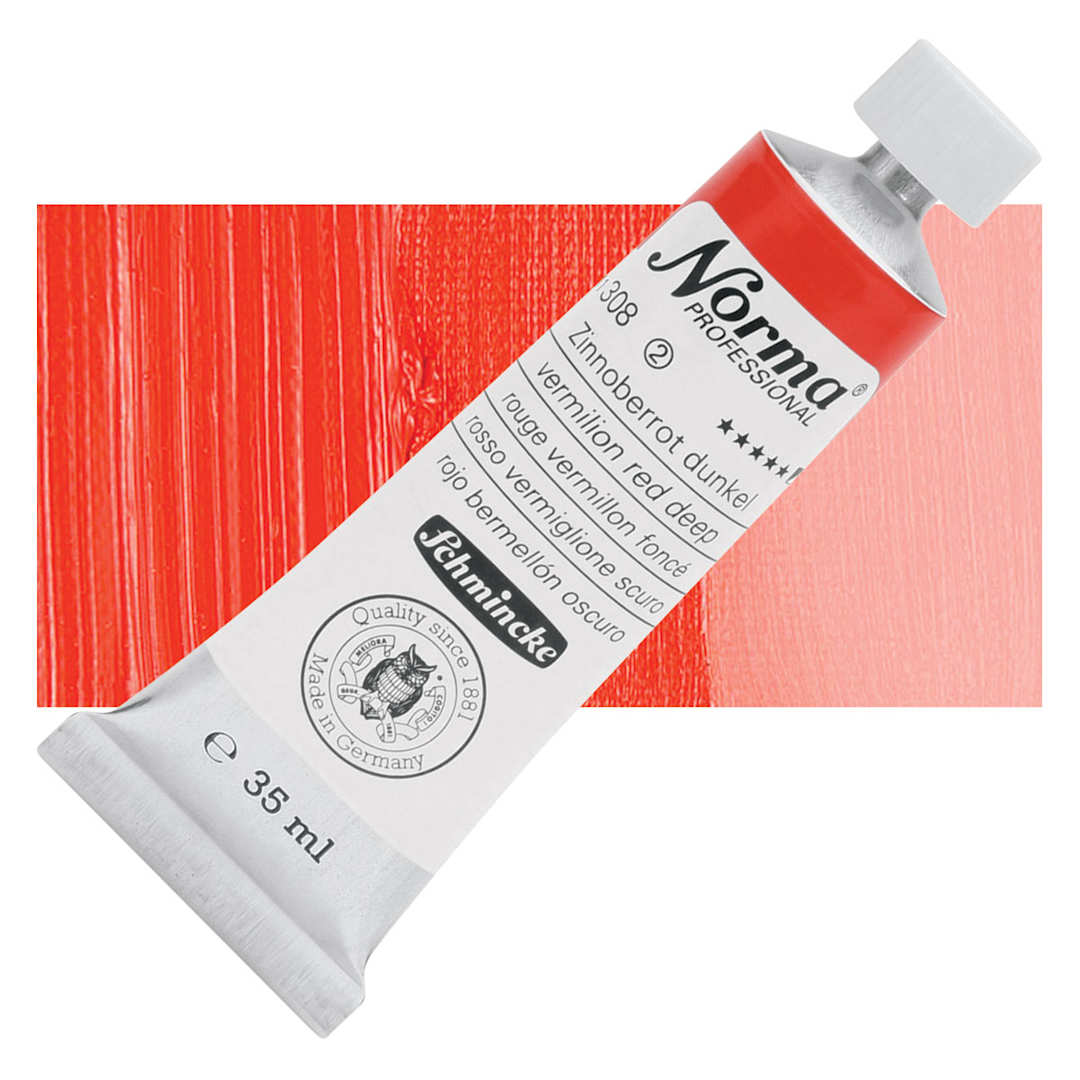 Open in modal - Schmincke Norma Professional Oil Paint - Vermilion Red Deep, 35 ml, Tube and swatch
