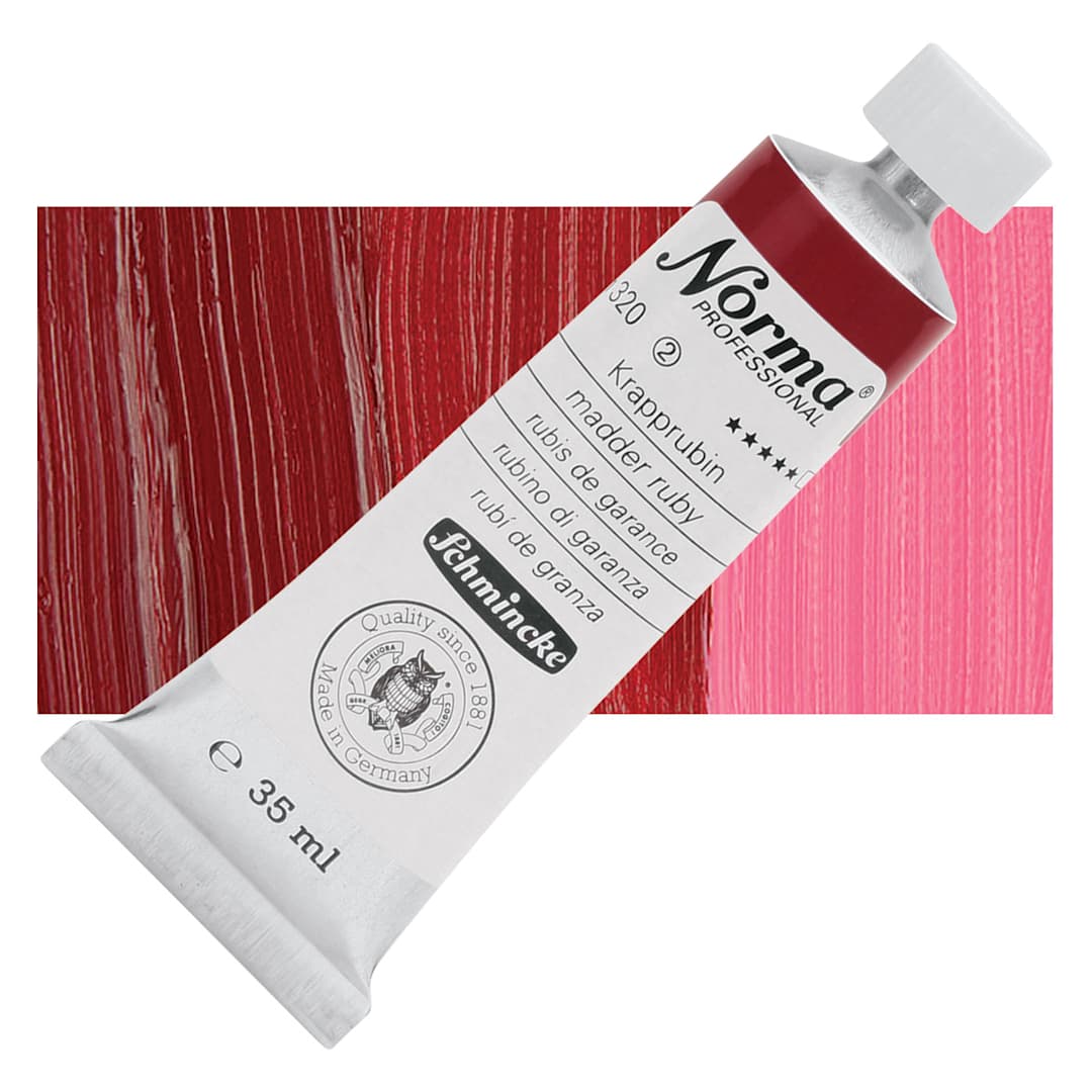 Open in modal - Schmincke Norma Professional Oil Paint - Ruby Madder, 35 ml, Tube and swatch