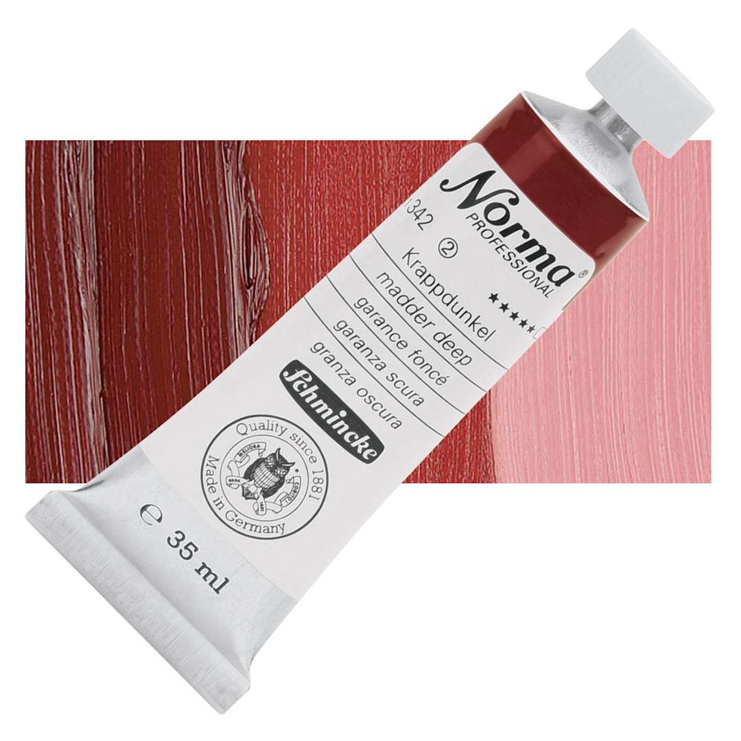Open in modal - Schmincke Norma Professional Oil Paint - Madder Deep, 35 ml, Tube and swatch