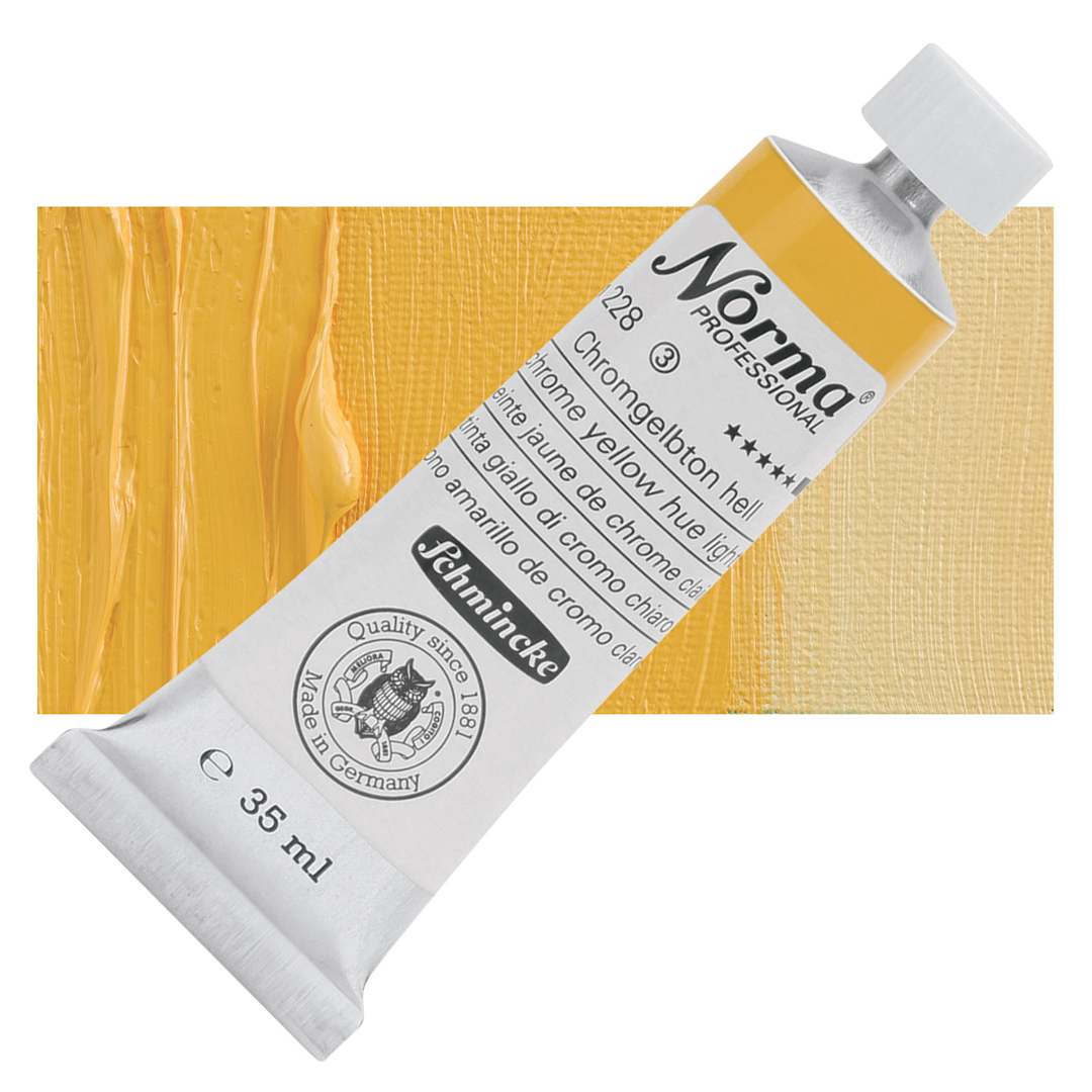 Open in modal - Schmincke Norma Professional Oil Paint - Chrome Yellow Hue Light, 35 ml, Tube and swatch