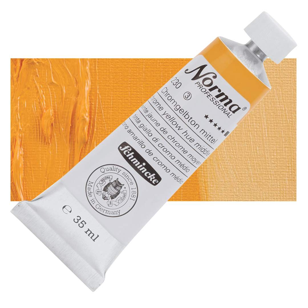 Open in modal - Schmincke Norma Professional Oil Paint - Chrome Yellow Hue Medium, 35 ml, Tube and swatch