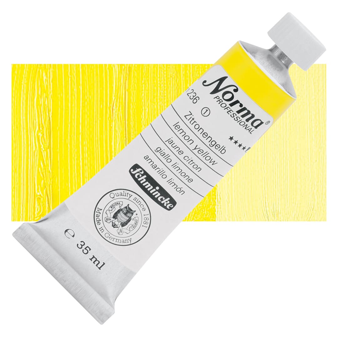 Open in modal - Schmincke Norma Professional Oil Paint - Lemon Yellow, 35 ml, Tube and swatch