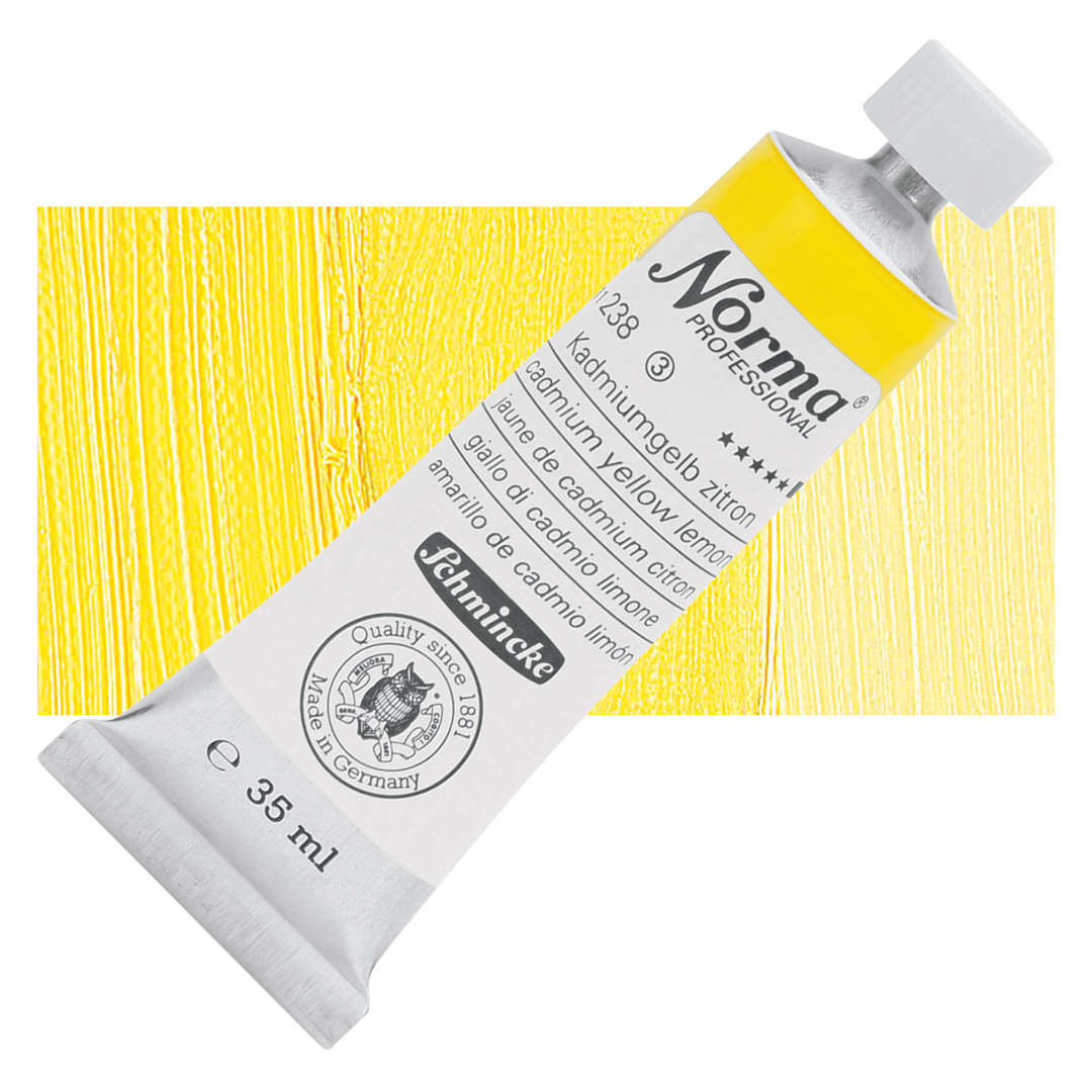 Open in modal - Schmincke Norma Professional Oil Paint - Cadimum Yellow Lemon, 35 ml, Tube and swatch