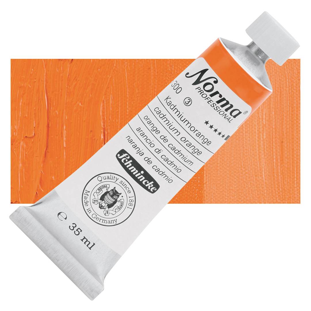 Open in modal - Schmincke Norma Professional Oil Paint - Cadmium Orange, 35 ml, Tube and swatch
