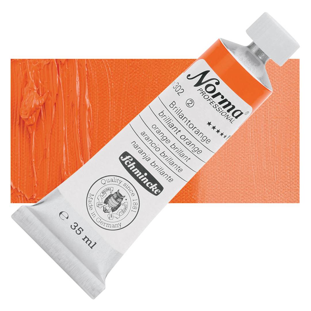 Open in modal - Schmincke Norma Professional Oil Paint - Brilliant Orange, 35 ml, Tube and swatch