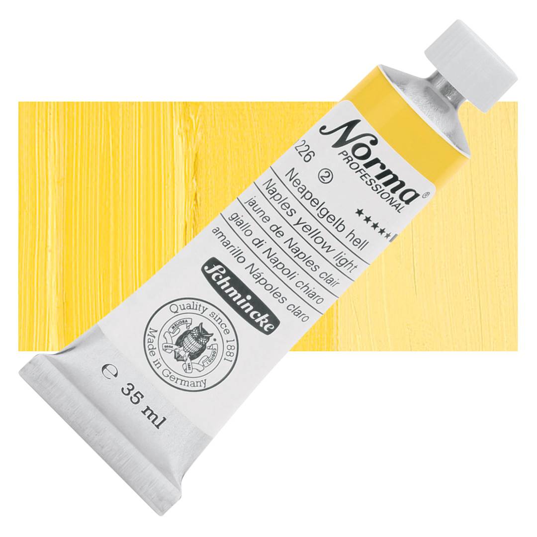 Open in modal - Schmincke Norma Professional Oil Paint - Naples Yellow Light, 35 ml, Tube and swatch