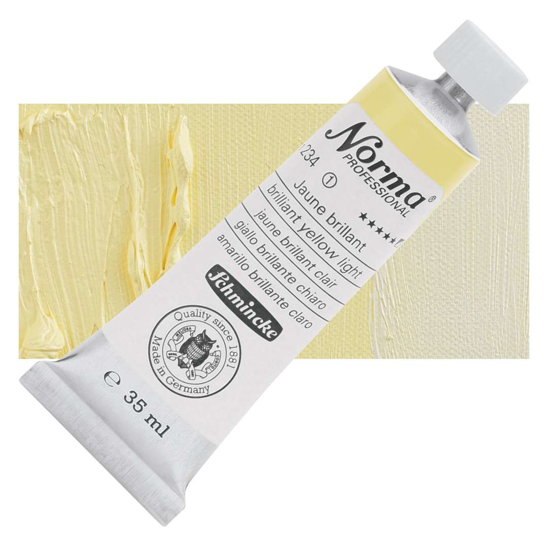 Open in modal - Schmincke Norma Professional Oil Paint - Brilliant Yellow Light, 35 ml, Tube and swatch