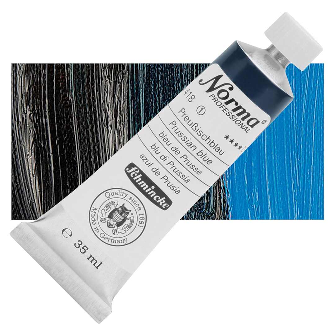 Open in modal - Schmincke Norma Professional Oil Paint - Prussian Blue, 35 ml, Tube and swatch