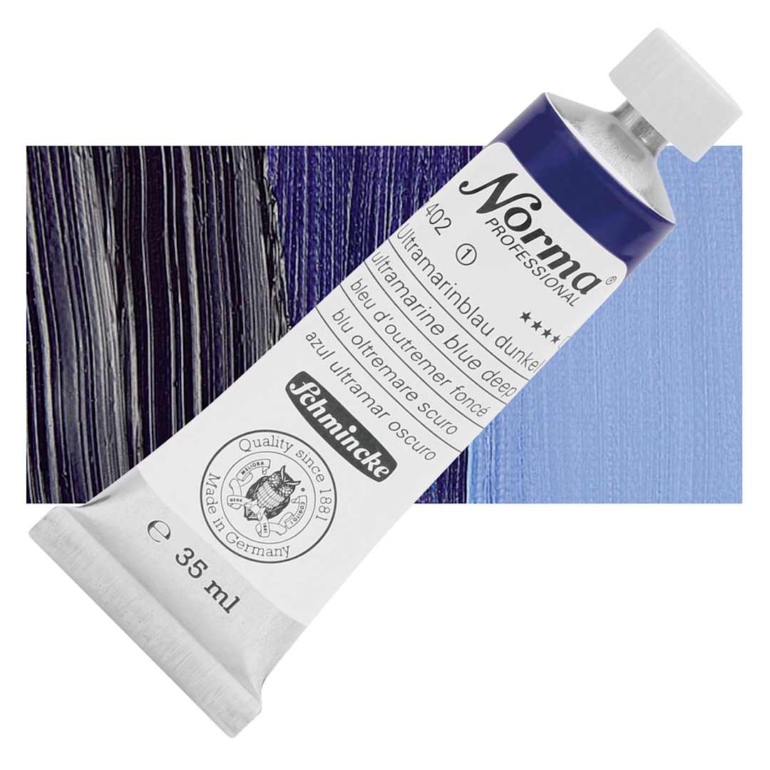 Open in modal - Schmincke Norma Professional Oil Paint - Ultramarine Blue Deep, 35 ml, Tube and swatch