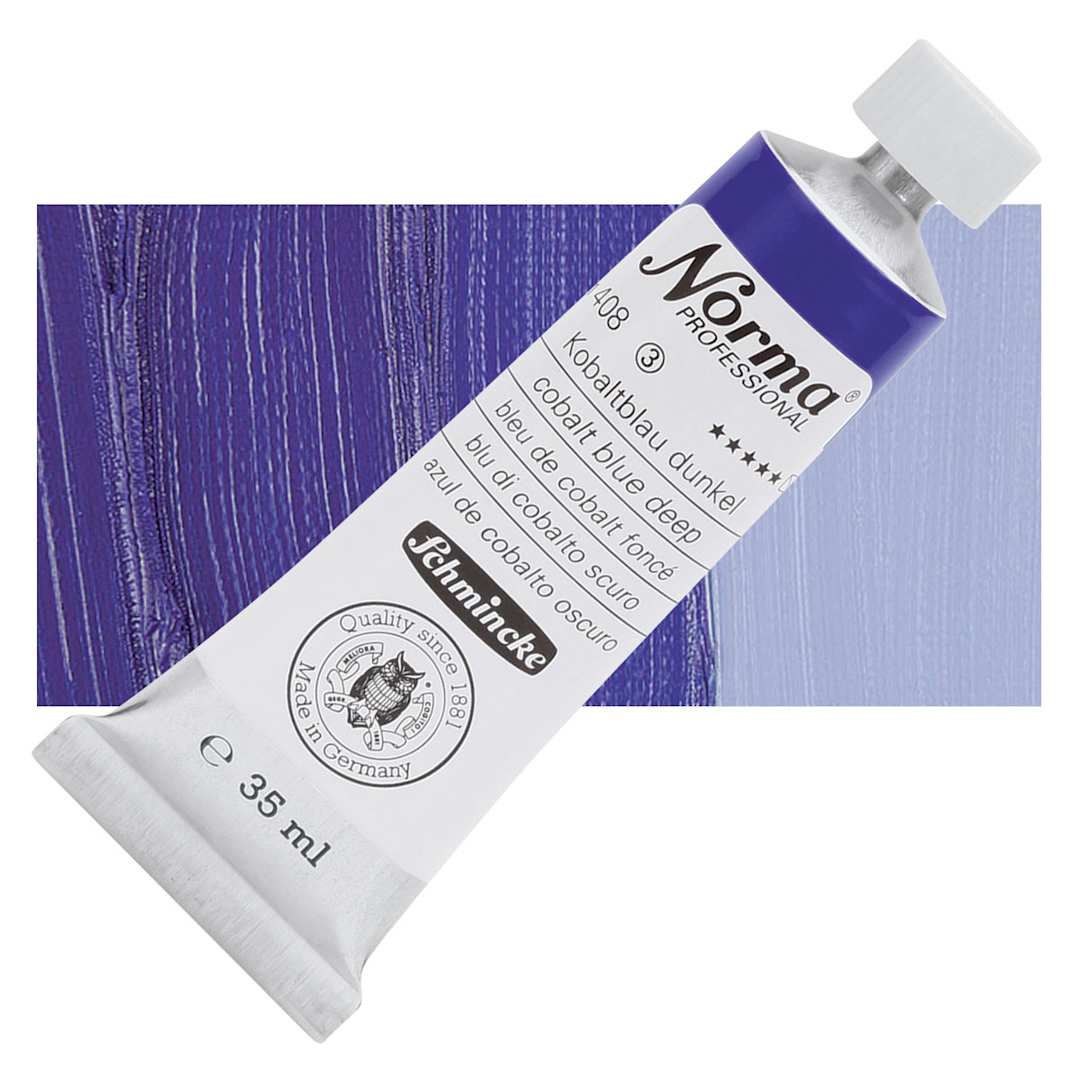 Open in modal - Schmincke Norma Professional Oil Paint - Cobalt Blue Deep, 35 ml, Tube and swatch