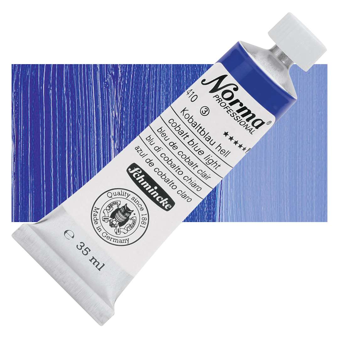 Open in modal - Schmincke Norma Professional Oil Paint - Cobalt Blue Light, 35 ml, Tube and swatch