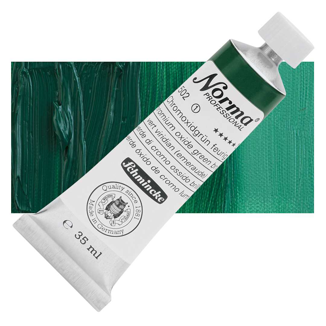 Open in modal - Schmincke Norma Professional Oil Paint - Chromium Oxide Green Brilliant, 35 ml, Tube and swatch