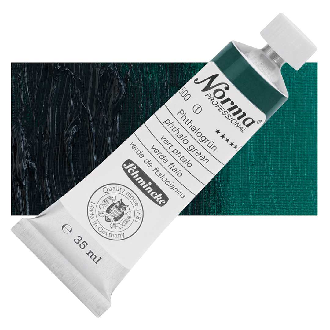Open in modal - Schmincke Norma Professional Oil Paint - Phthalo Green, 35 ml, Tube and swatch