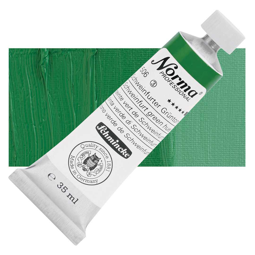 Open in modal - Schmincke Norma Professional Oil Paint - Schweinfurt Green Hue, 35 ml, Tube and swatch