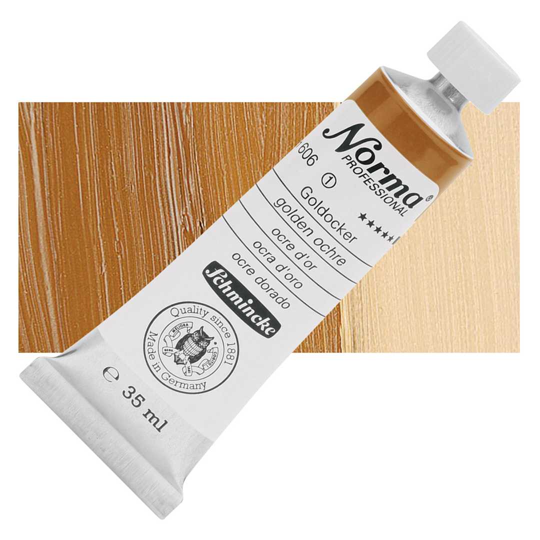 Open in modal - Schmincke Norma Professional Oil Paint - Golden Ochre, 35 ml, Tube and swatch