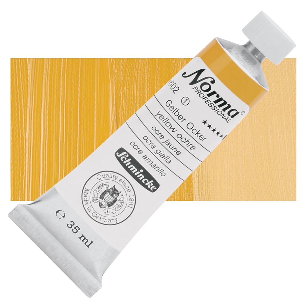 Open in modal - Schmincke Norma Professional Oil Paint - Yellow Ochre, 35 ml, Tube and swatch