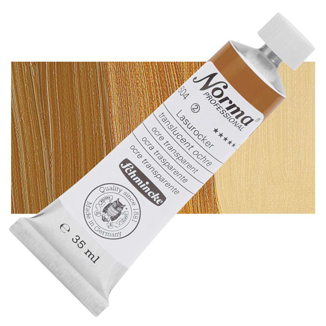 Open in modal - Schmincke Norma Professional Oil Paint - Translucent Ochre, 35 ml, Tube and swatch
