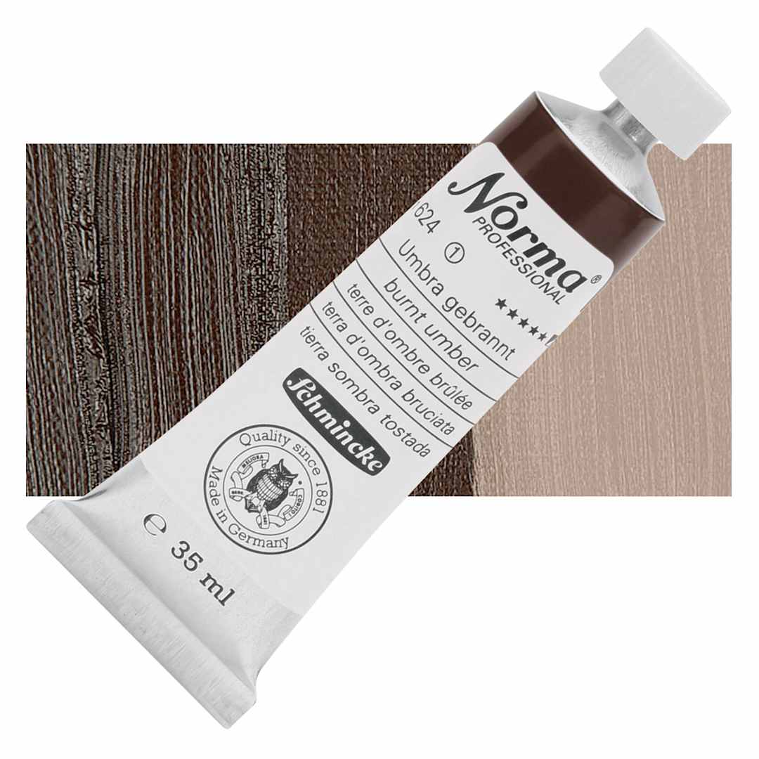 Open in modal - Schmincke Norma Professional Oil Paint - Burnt Umber, 35 ml, Tube and swatch