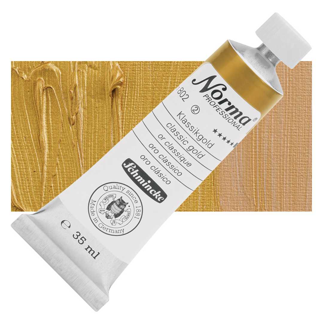 Open in modal - Schmincke Norma Professional Oil Paint - Classic Gold, 35 ml, Tube and swatch