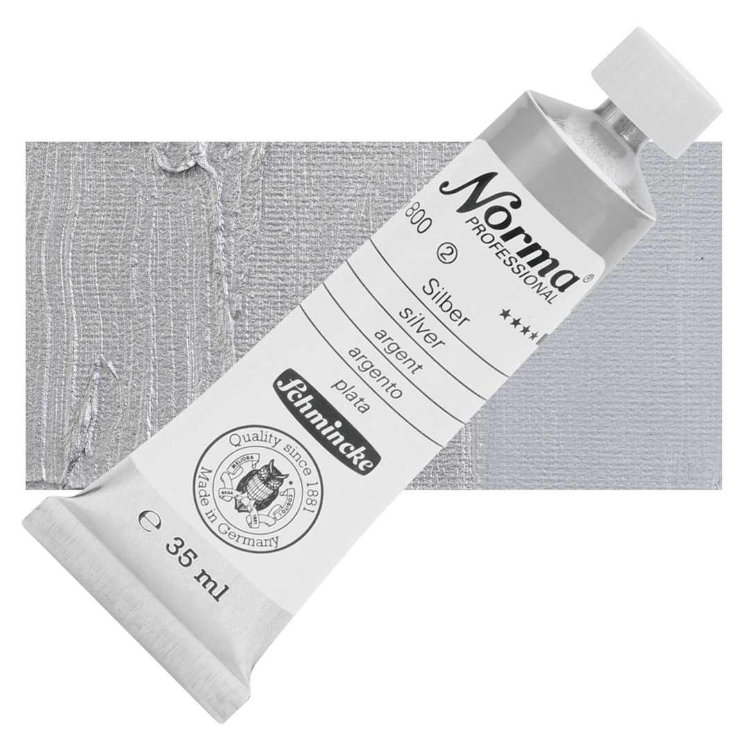 Open in modal - Schmincke Norma Professional Oil Paint - Silver, 35 ml, Tube and swatch