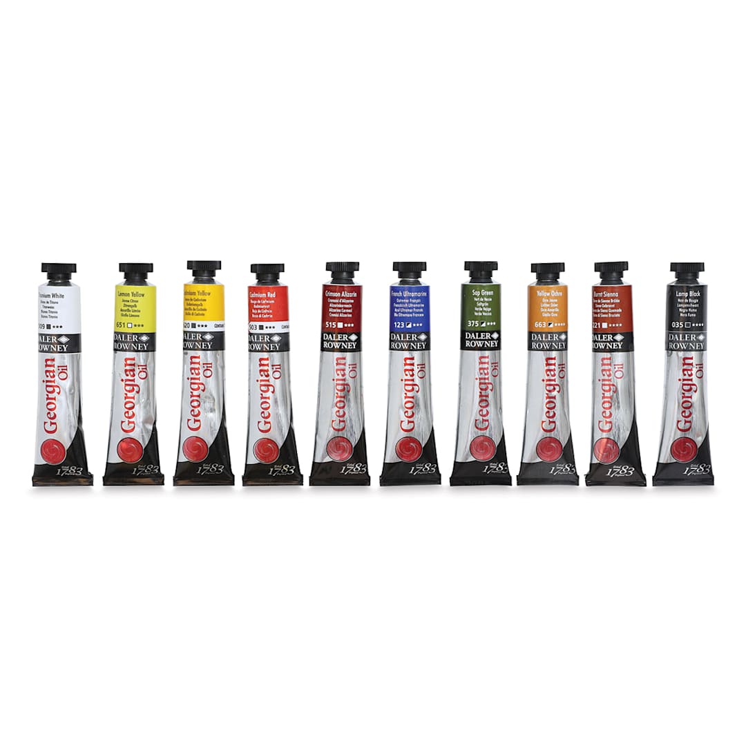 Open in modal - Daler-Rowney Georgian Oil Paint Sets - Component tubes of Introduction Set of 10 shown upright