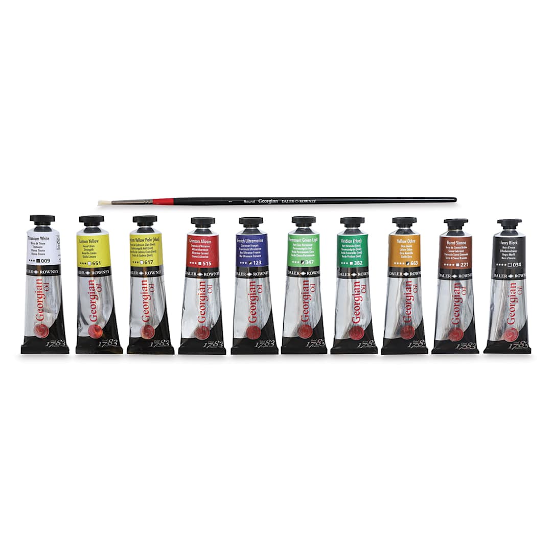 Open in modal - Daler-Rowney Georgian Oil Paint - Components of 38 ml Studio Set of 10 shown with Free Brush