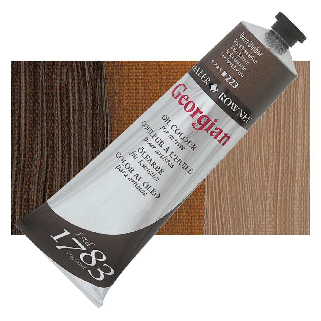 Open in modal - Daler-Rowney Georgian Oil Color - Burnt Umber, 225 ml tube and swatch