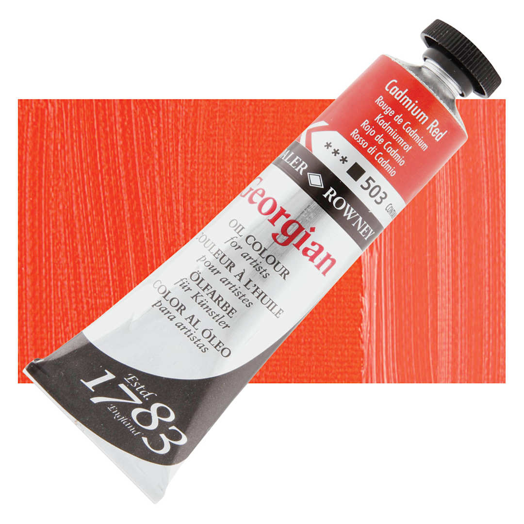 Open in modal - Daler-Rowney Georgian Oil Color - Cadmium Red, 38 ml tube and swatch