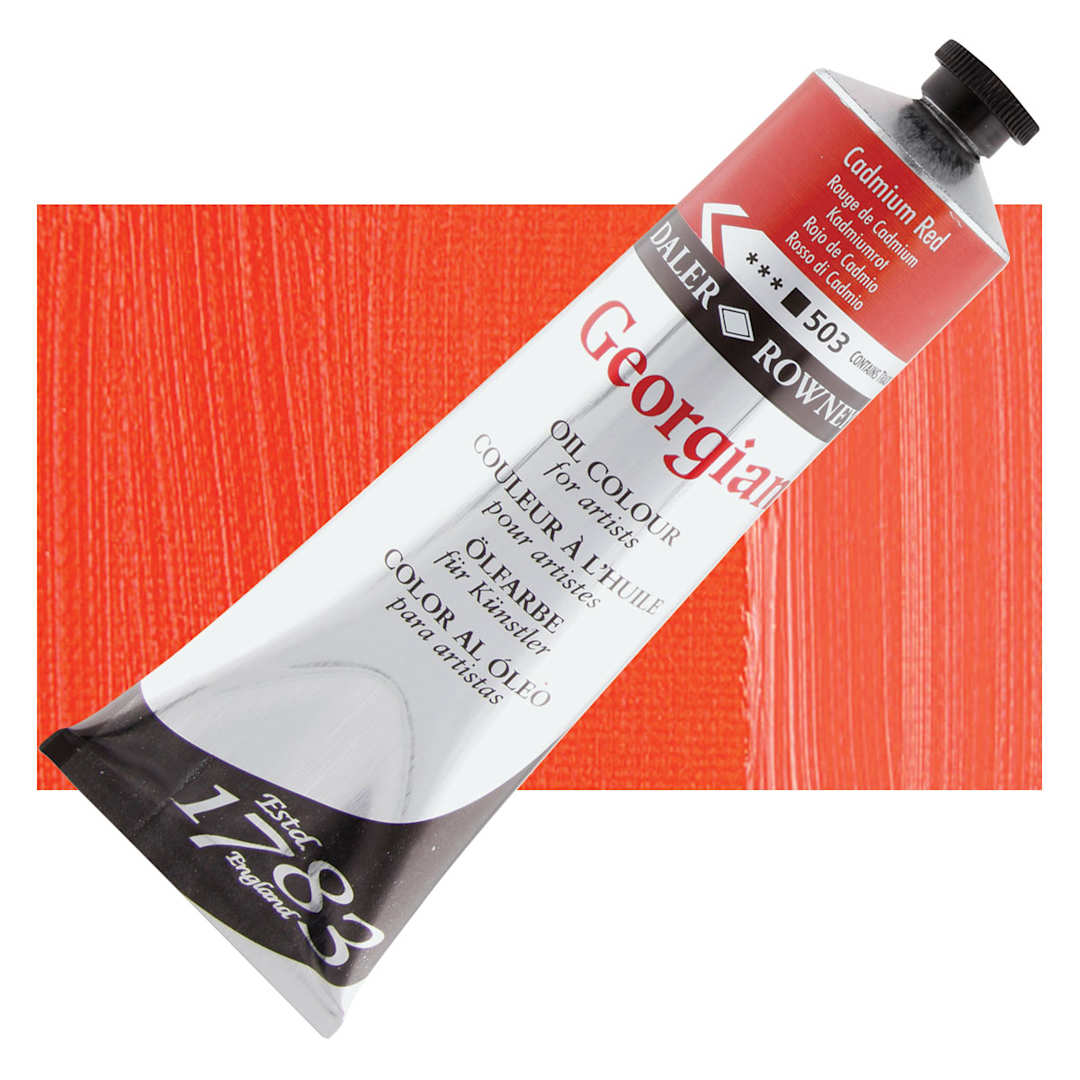 Open in modal - Daler-Rowney Georgian Oil Color - Cadmium Red, 225 ml tube and swatch