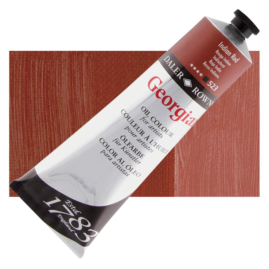 Open in modal - Daler-Rowney Georgian Oil Color - Indian Red, 225 ml tube and swatch
