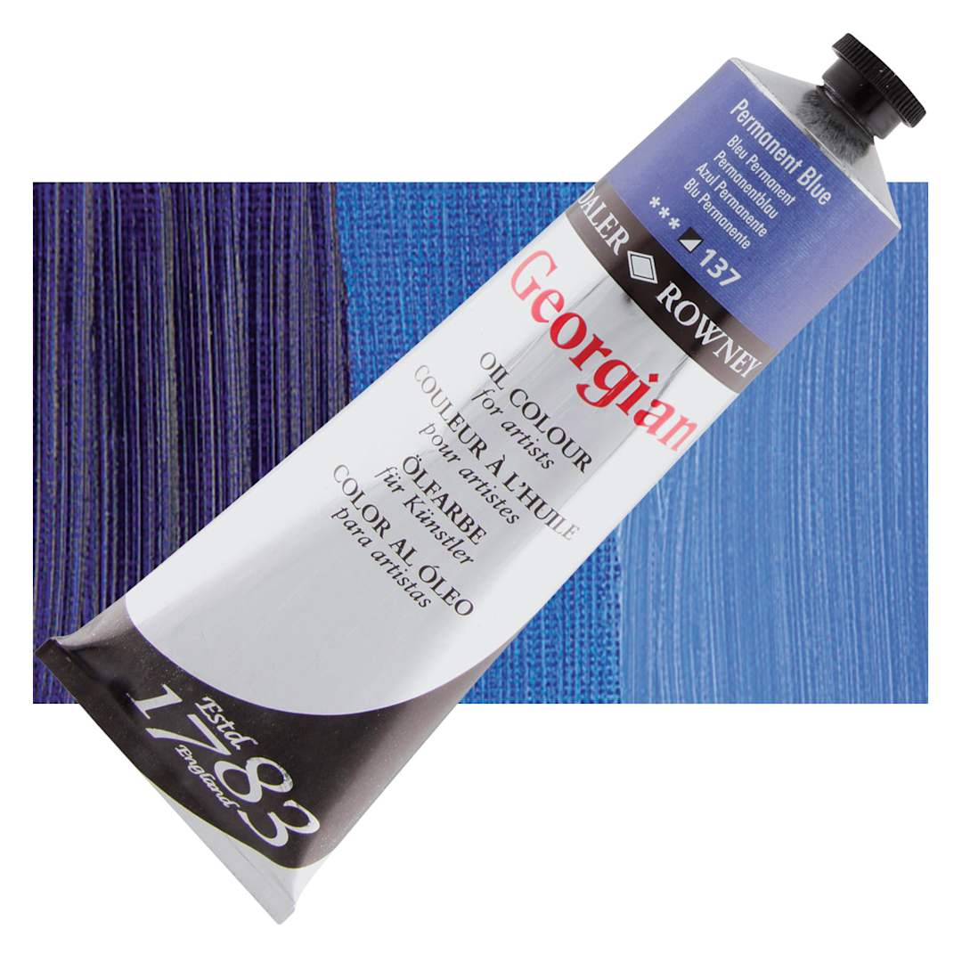 Open in modal - Daler-Rowney Georgian Oil Color - Permanent Blue, 225 ml tube and swatch