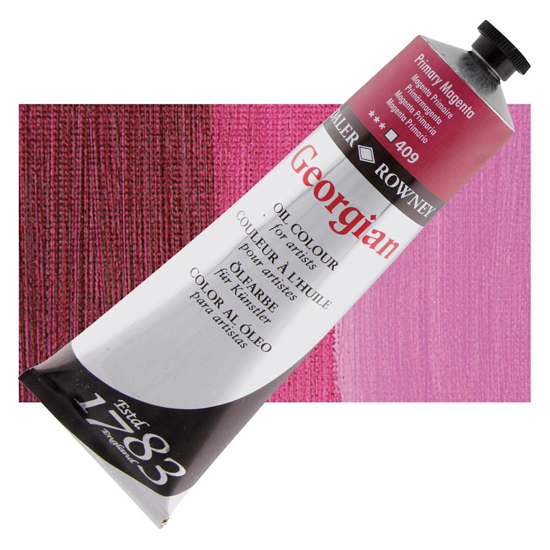 Open in modal - Daler-Rowney Georgian Oil Color - Primary Magenta, 225 ml tube and swatch