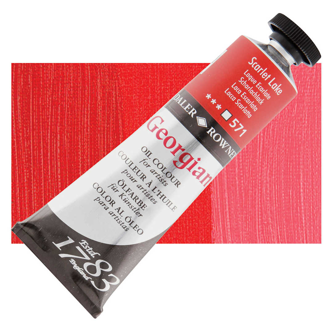 Open in modal - Daler-Rowney Georgian Oil Color - Scarlet Lake, 38 ml tube and swatch