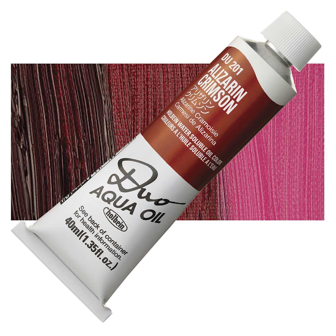 Open in modal - Holbein Duo Aqua Water Soluble Oil - Alizarin Crimson, 40 ml tube and swatch
