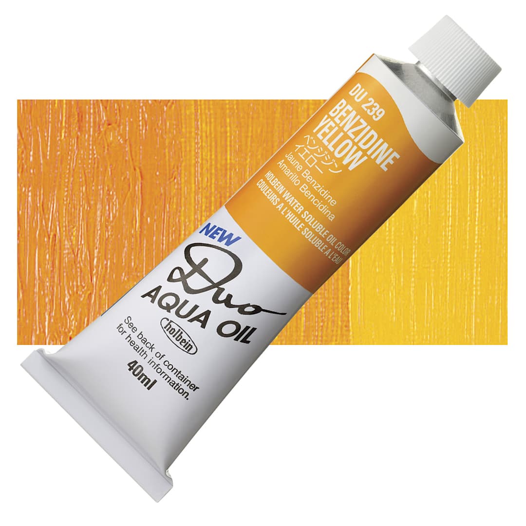Open in modal - Holbein Duo Aqua Water Soluble Oil - Benzidine Yellow, 40 ml tube and swatch