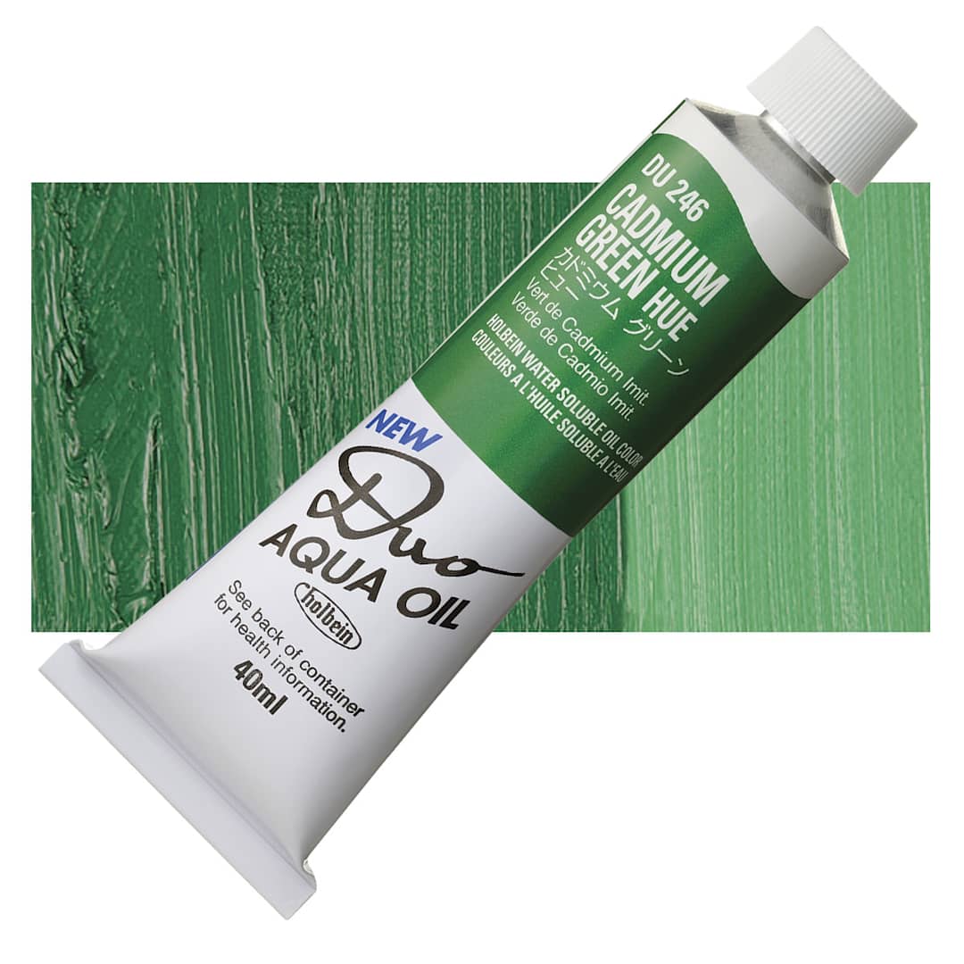 Open in modal - Holbein Duo Aqua Water Soluble Oil - Cadmium Green Hue, 40 ml tube and swatch
