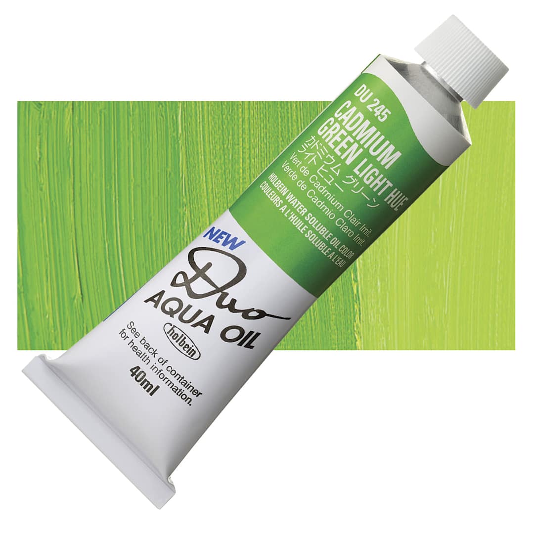 Open in modal - Holbein Duo Aqua Water Soluble Oil - Cadmium Green Light Hue, 40 ml tube and swatch