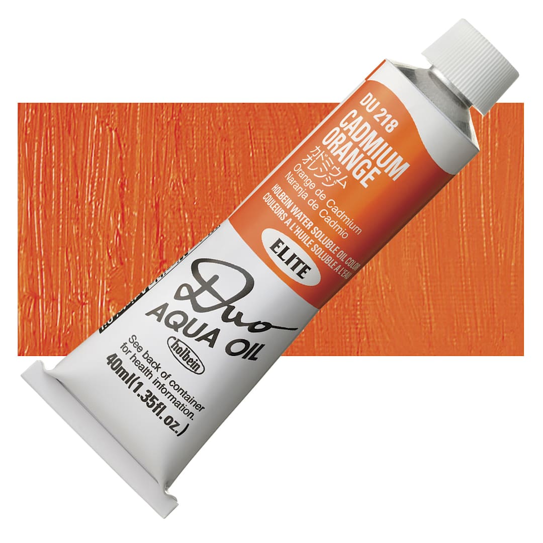 Open in modal - Holbein Duo Aqua Water Soluble Oil - Cadmium Orange, 40 ml tube and swatch