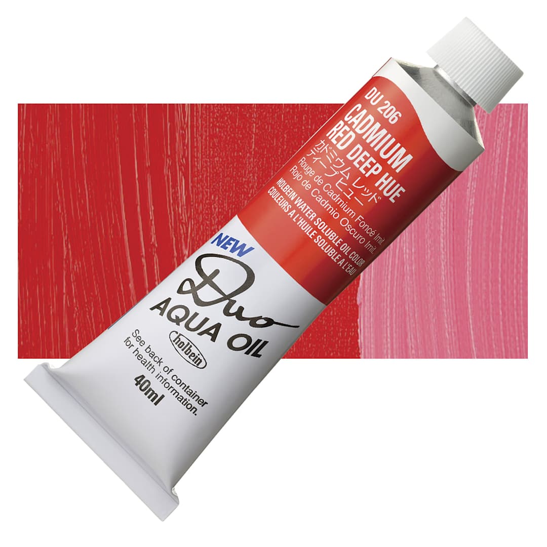 Open in modal - Holbein Duo Aqua Water Soluble Oil - Cadmium Red Deep Hue, 40 ml tube and swatch