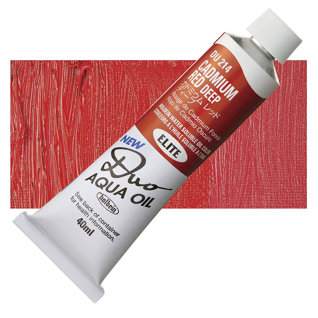 Open in modal - Holbein Duo Aqua Water Soluble Oil - Cadmium Red Deep, 40 ml tube and swatch