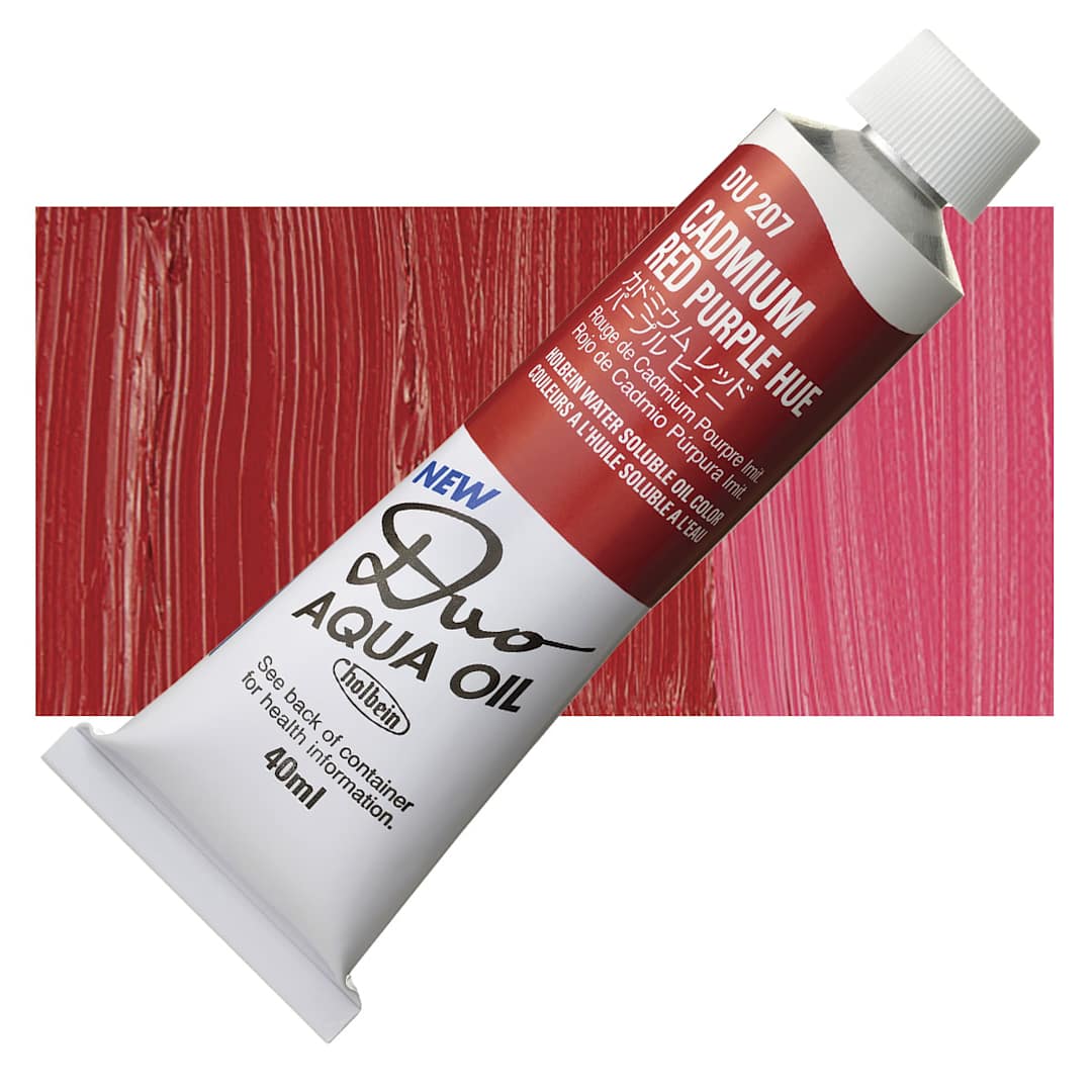 Open in modal - Holbein Duo Aqua Water Soluble Oil - Cadmium Red Purple Hue, 40 ml tube and swatch