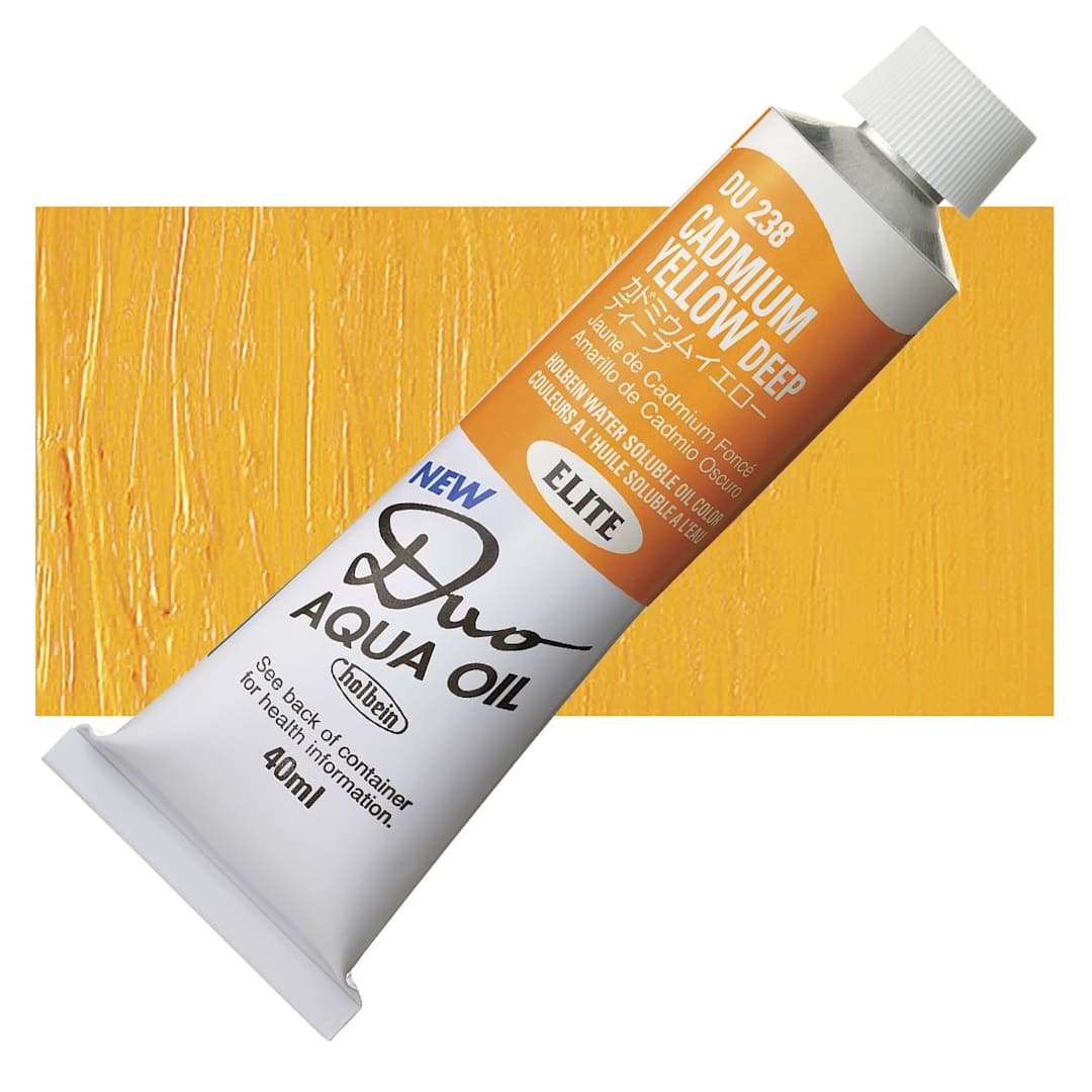 Open in modal - Holbein Duo Aqua Water Soluble Oil - Cadmium Yellow Deep, 40 ml tube and swatch