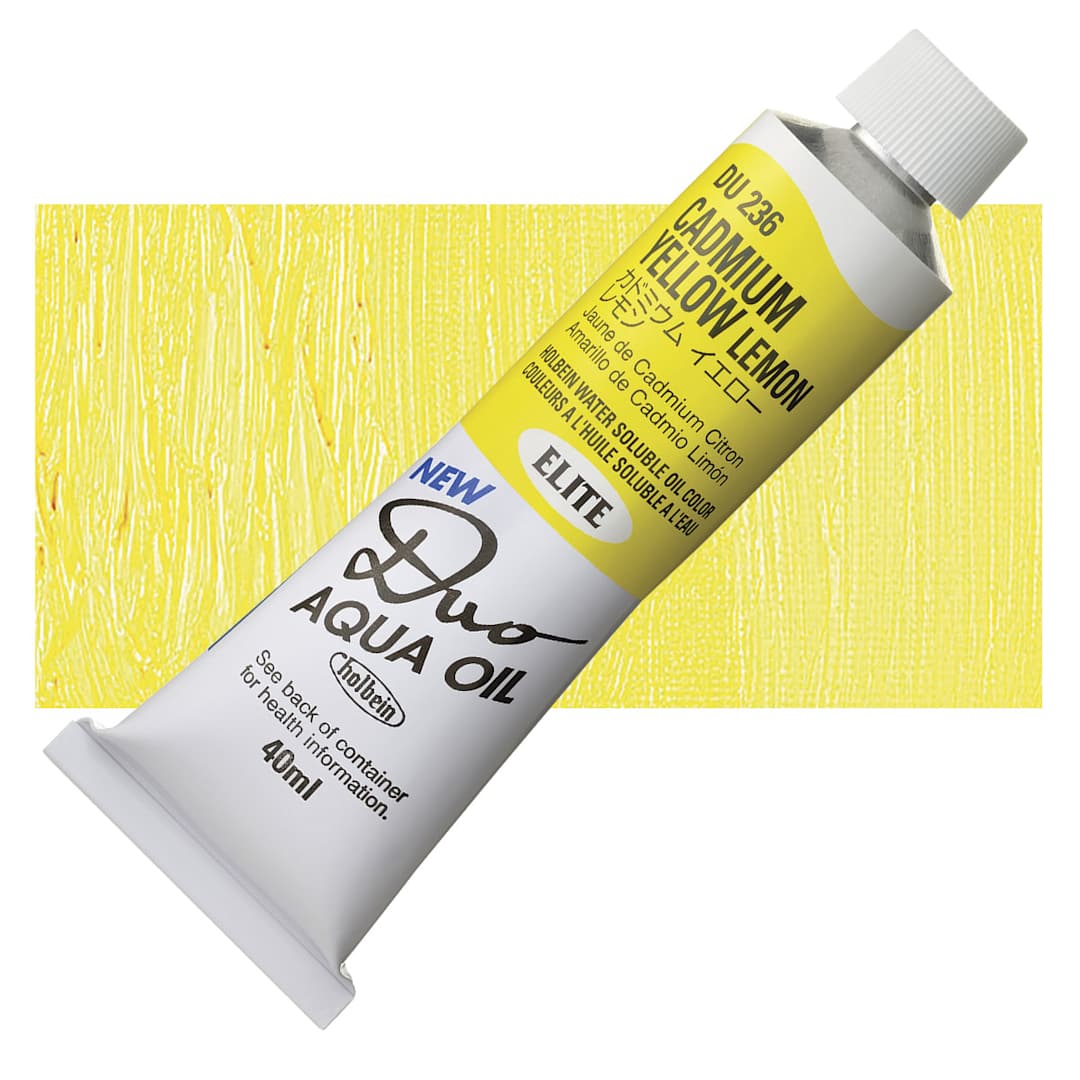 Open in modal - Holbein Duo Aqua Water Soluble Oil - Cadmium Yellow Lemon, 40 ml tube and swatch