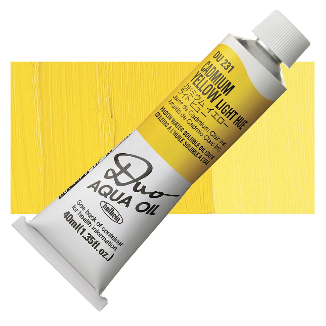 Open in modal - Holbein Duo Aqua Water Soluble Oil - Cadmium Yellow Light Hue, 40 ml tube and swatch