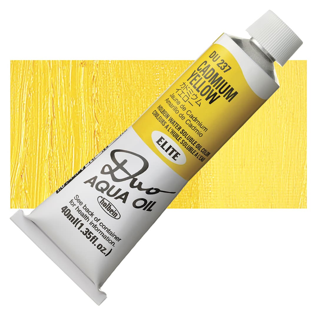 Open in modal - Holbein Duo Aqua Water Soluble Oil - Cadmium Yellow, 40 ml tube and swatch