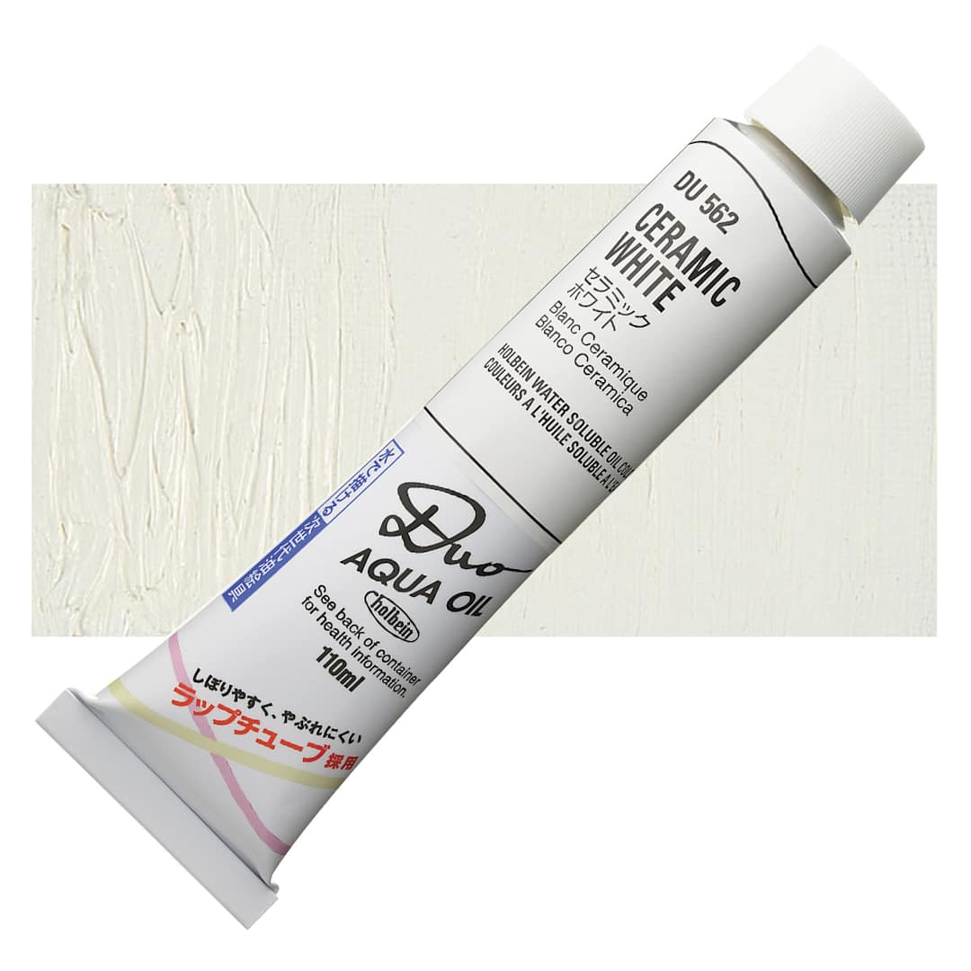 Open in modal - Holbein Duo Aqua Water Soluble Oil - Ceramic White, 110 ml tube and swatch