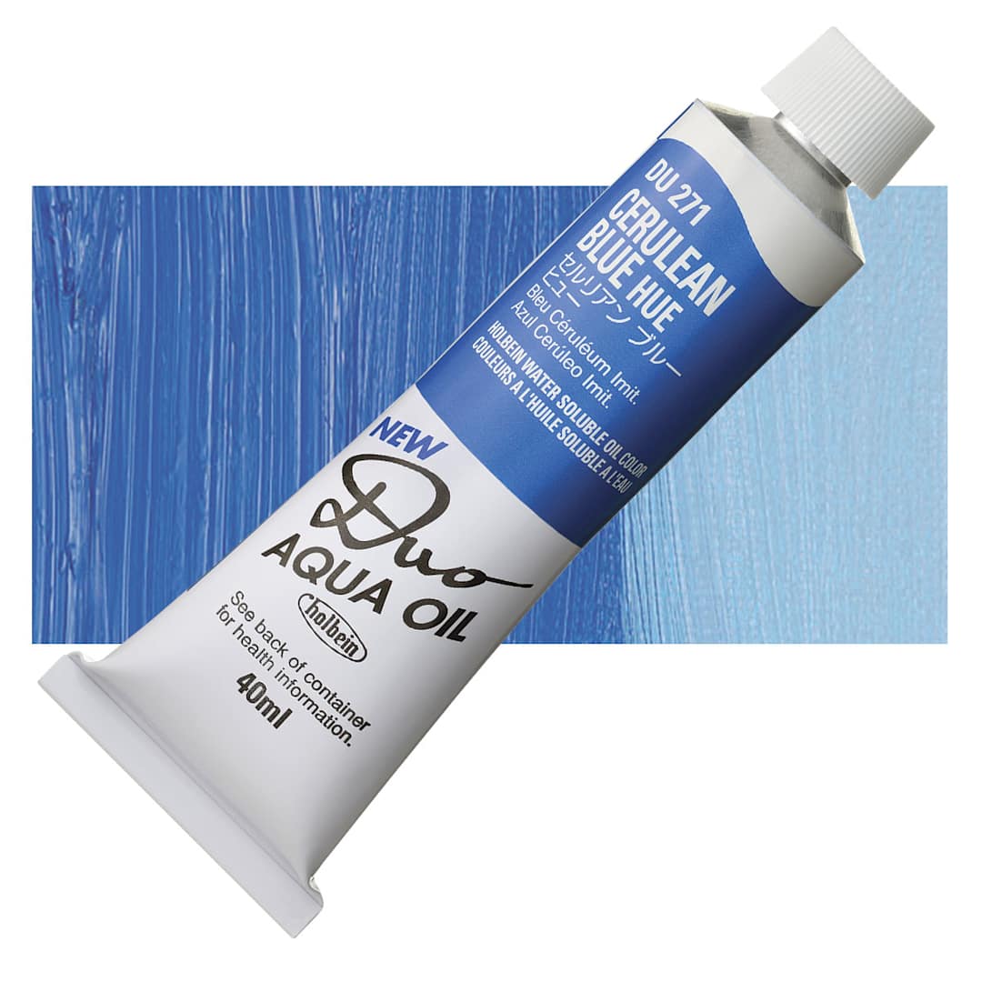Open in modal - Holbein Duo Aqua Water Soluble Oil - Cerulean Blue Hue, 40 ml tube and swatch