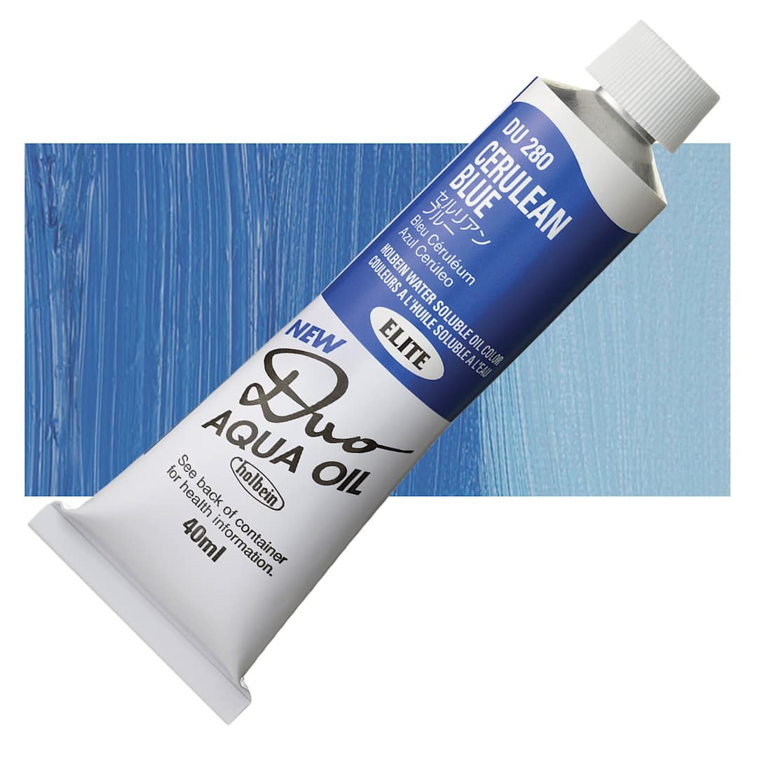Open in modal - Holbein Duo Aqua Water Soluble Oil - Cerulean Blue, 40 ml tube and swatch